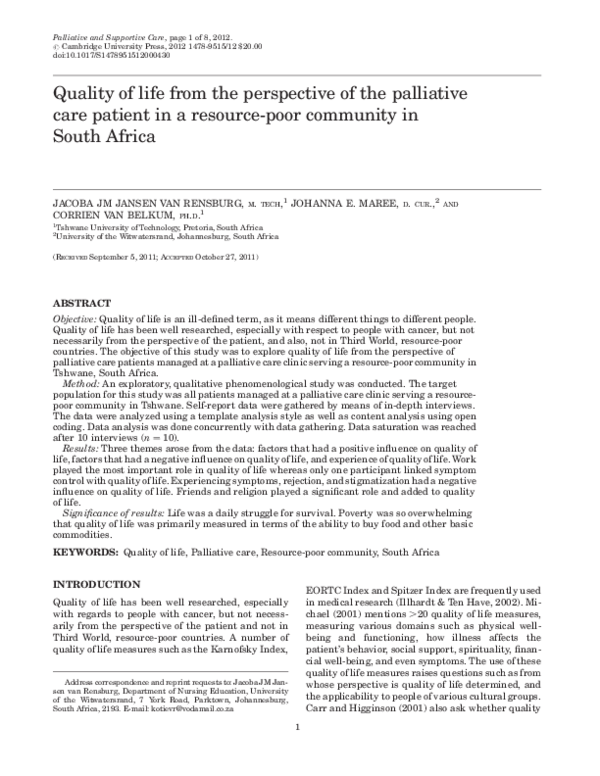 (PDF) Quality of life from the perspective of the palliative care ...