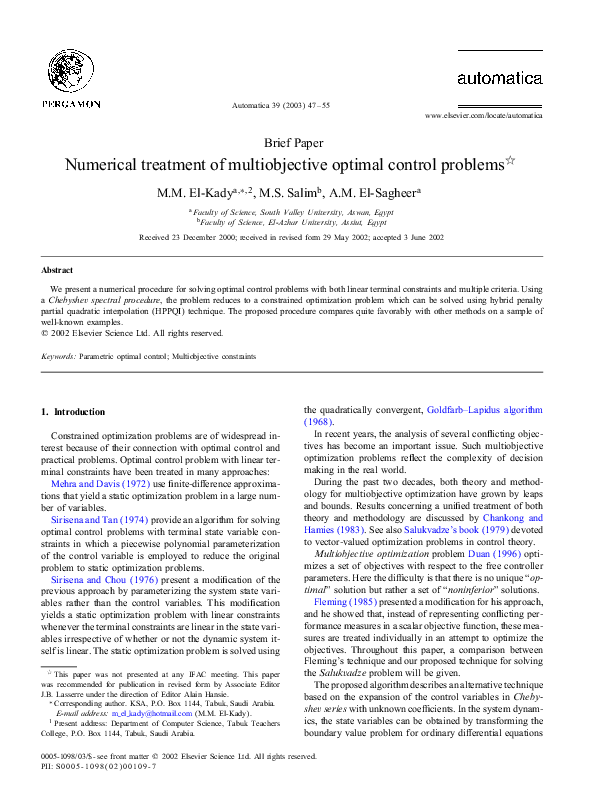 (PDF) Numerical Treatment of Multiobjective Optimal Control Problems