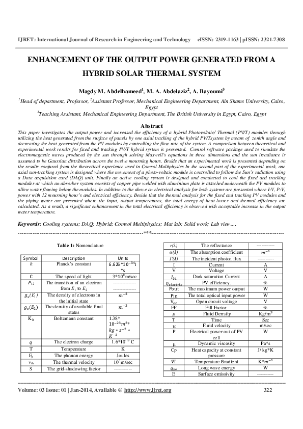 (PDF) ENHANCEMENT OF THE OUTPUT POWER GENERATED FROM A HYBRID SOLAR ...