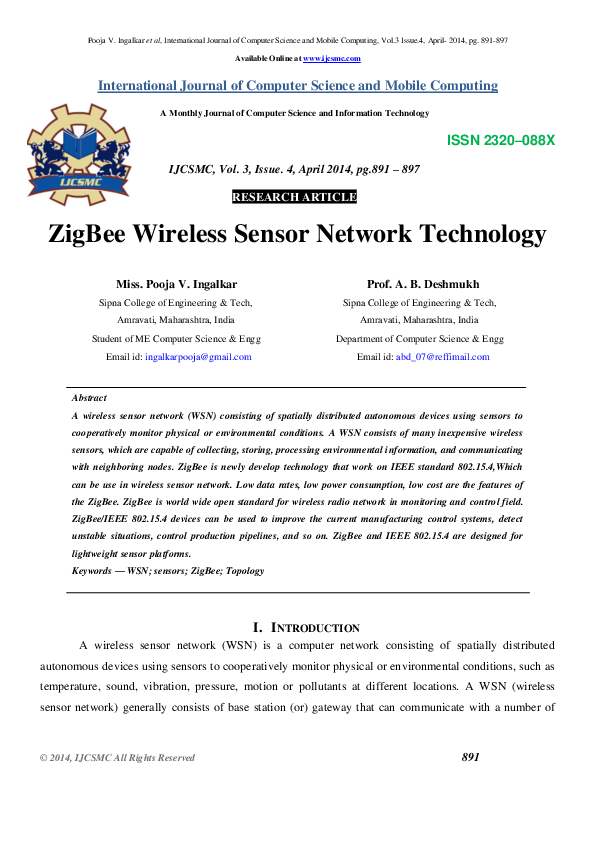 (PDF) ZigBee Wireless Sensor Network Technology﻿ IJCSMC Journal