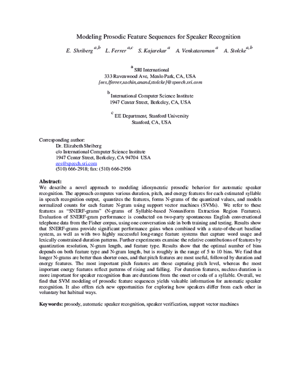 (PDF) Modeling prosodic feature sequences for speaker recognition