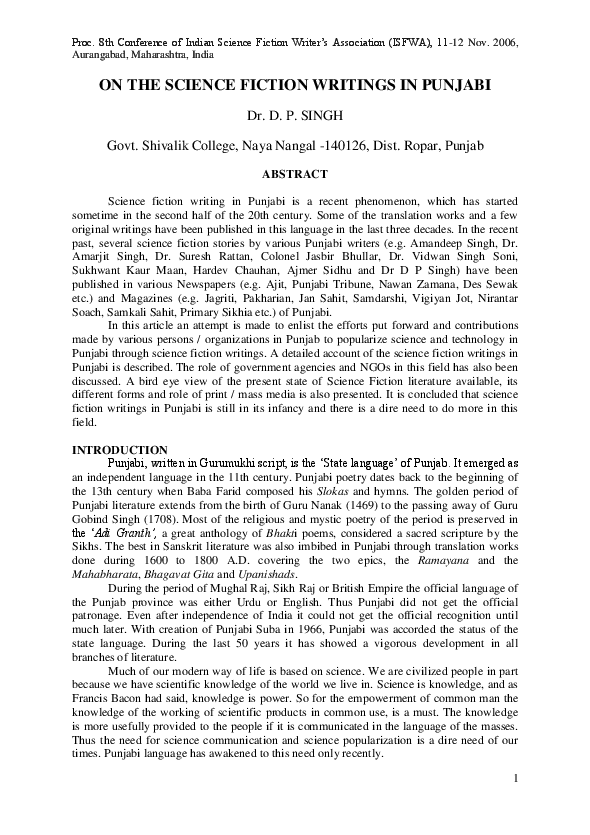 Pdf On Science Fiction Writings In Punjabi Language Devinder Pal Singh Academia Edu