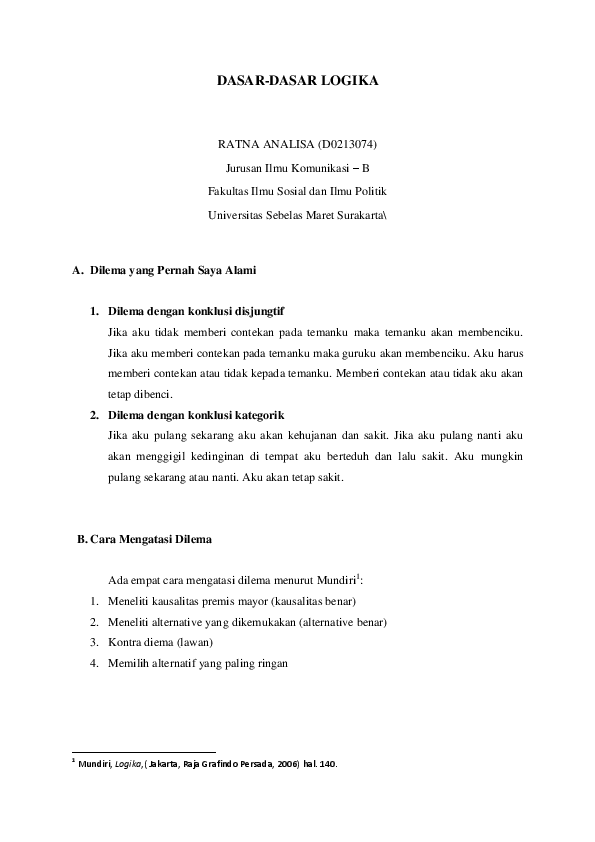 Doc Dasar Dasar Logika Menjawab Pertanyaan Seputar Dilema Dan Analogi Ratna Analisa Academia Edu