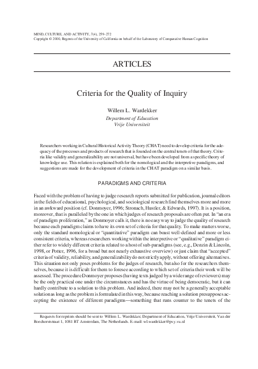 (PDF) Criteria for the quality of inquiry