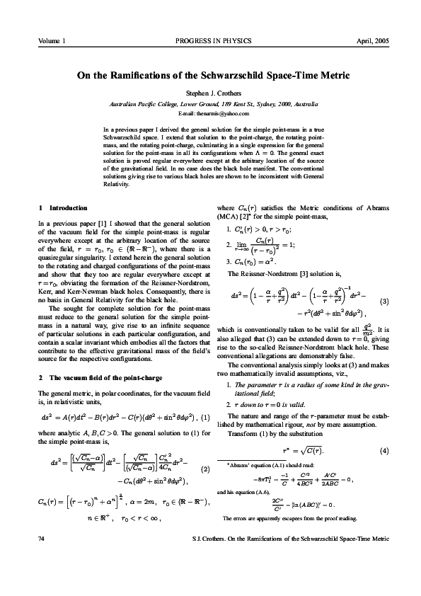 On the Ramifications of the Schwarzschild Space-Time Metric