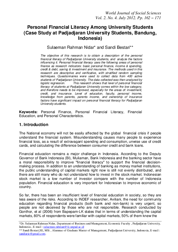 Pdf Personal Financial Literacy Among University Students Case Study
