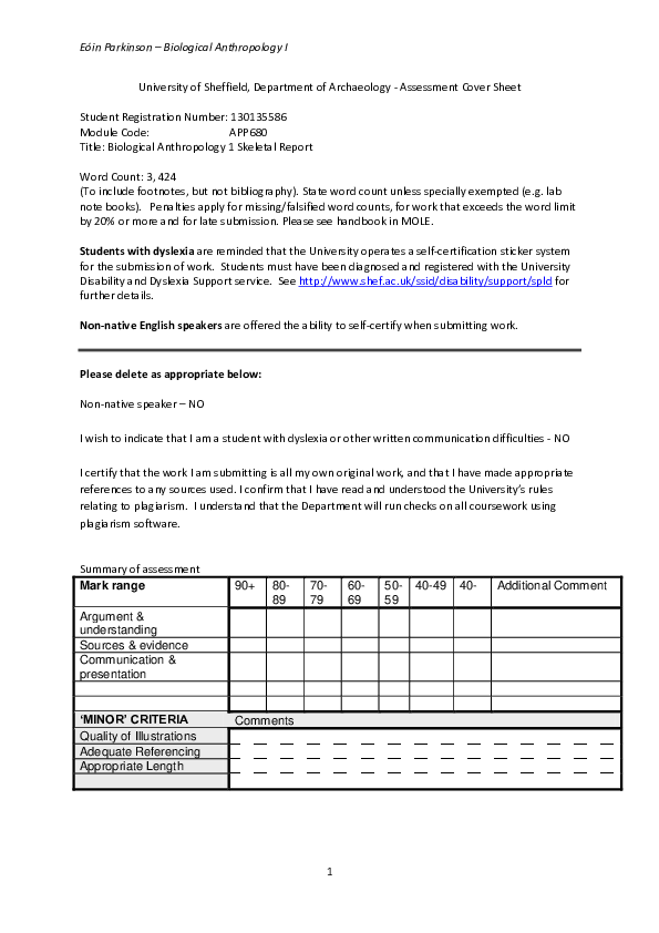 Skeletal report on SK3306 and SK2943 from York Barbican excavation, York (Prepared for MSc degree for The University of Sheffield)