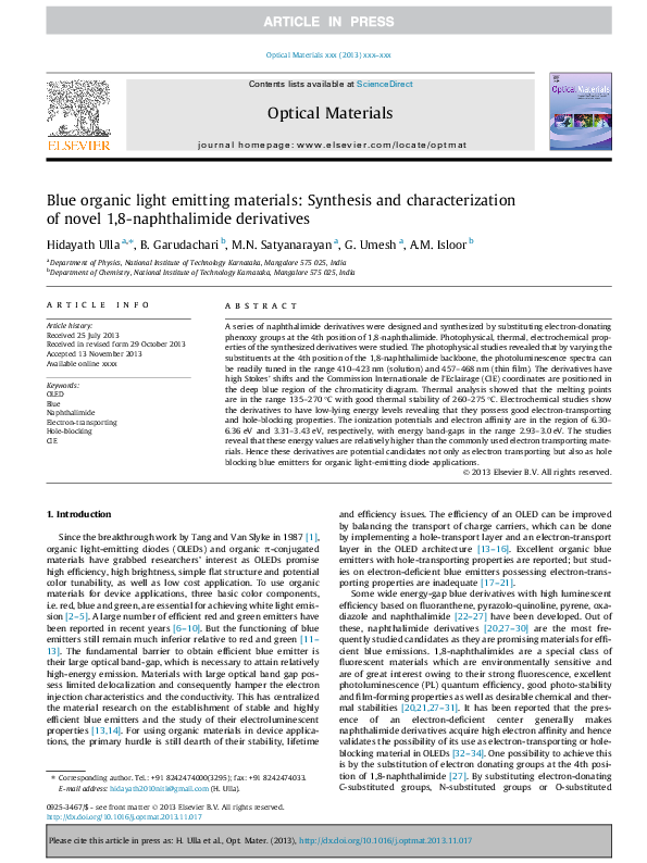 (PDF) Blue organic light emitting materials: Synthesis and ...