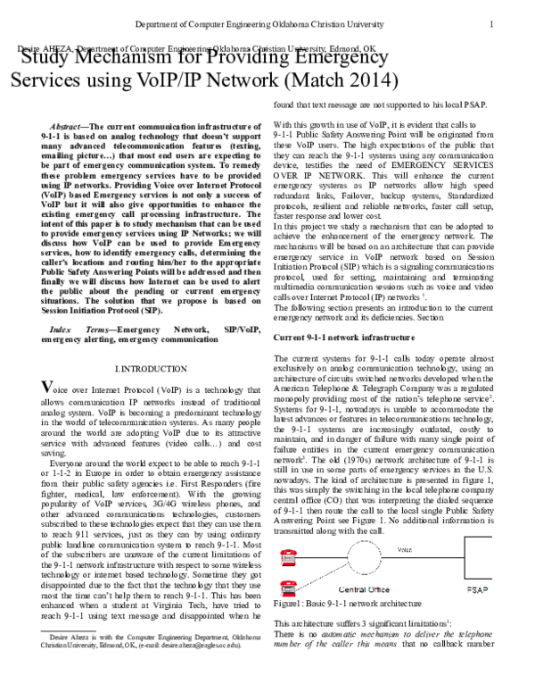 (DOC) Study Mechanism for Providing Emergency Services using VoIP/IP ...