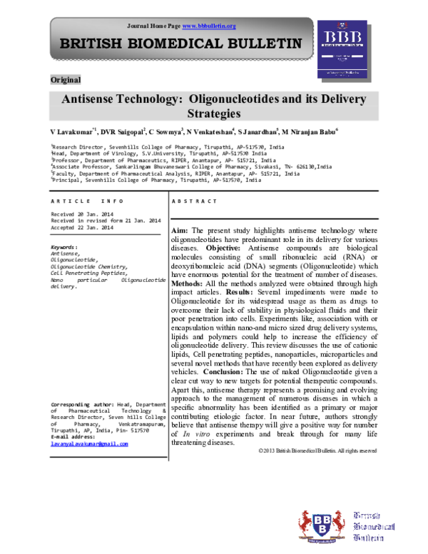 (PDF) Antisense Technology: Oligonucleotides and its Delivery Strategies
