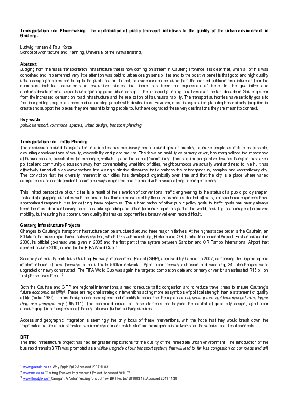 Transportation and Place-making: The contribution of public transport initiatives to the quality of the urban environment in Gauteng