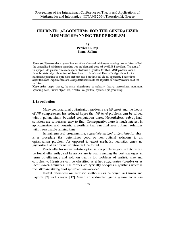 (PDF) HEURISTIC ALGORITHMS FOR THE GENERALIZED MINIMUM SPANNING TREE ...