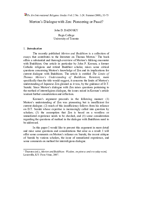 (DOC) Merton's Dialogue with Zen: Pioneering or Passé?