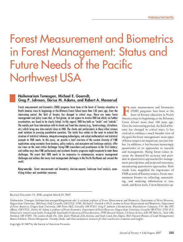 (PDF) Forest Measurement and Biometrics in Forest Management: Status ...