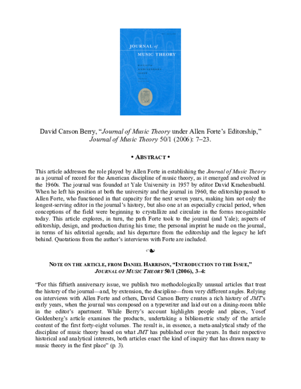(PDF) Journal of Music Theory under Allen Forte's Editorship