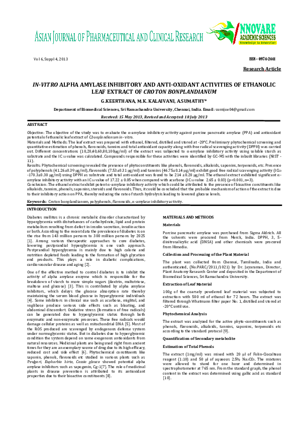 (PDF) IN-VITRO ALPHA AMYLASE INHIBITORY AND ANTI-OXIDANT ACTIVITIES OF ...