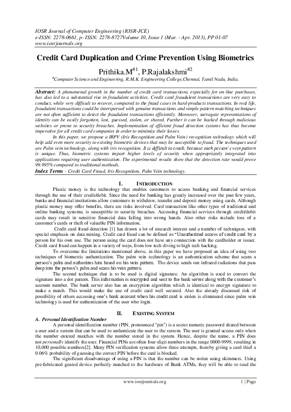 (PDF) Credit Card Duplication and Crime Prevention Using Biometrics