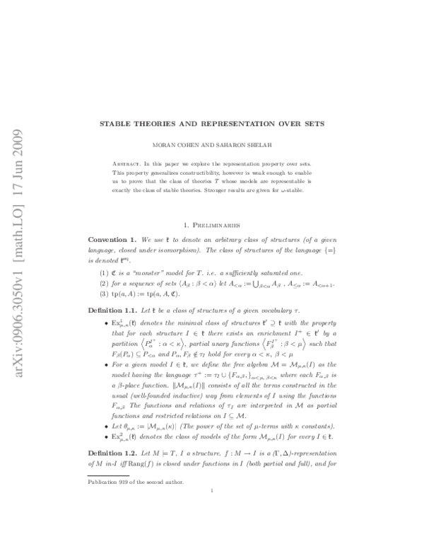 (PDF) Stable theories and representation over sets