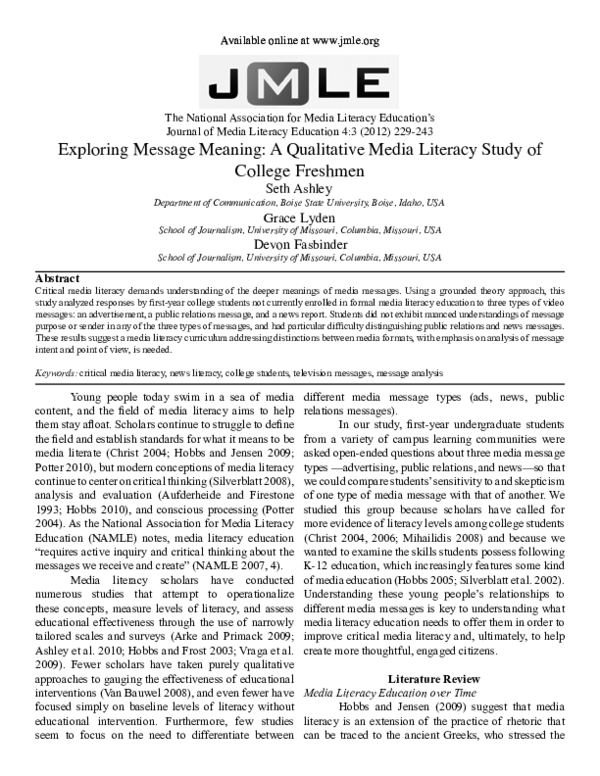 (PDF) Exploring Message Meaning: A Qualitative Media Literacy Study of ...
