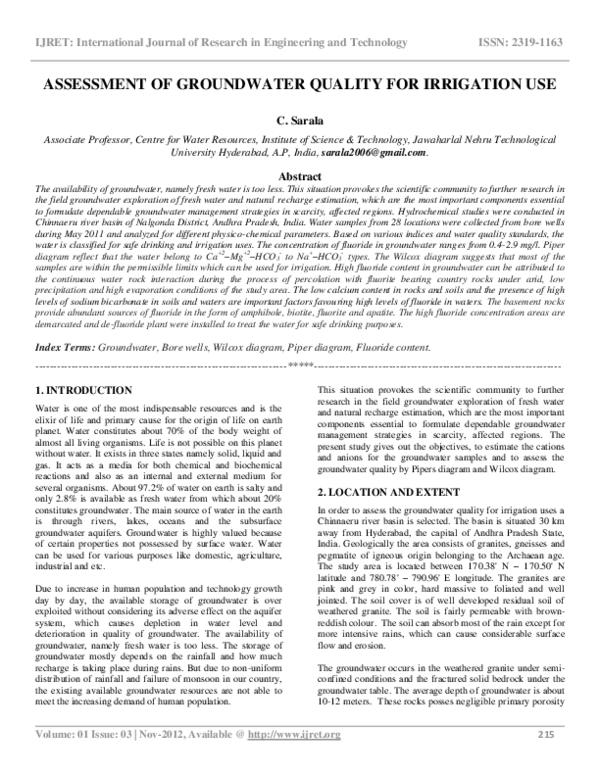 (PDF) ASSESSMENT OF GROUNDWATER QUALITY FOR IRRIGATION USE