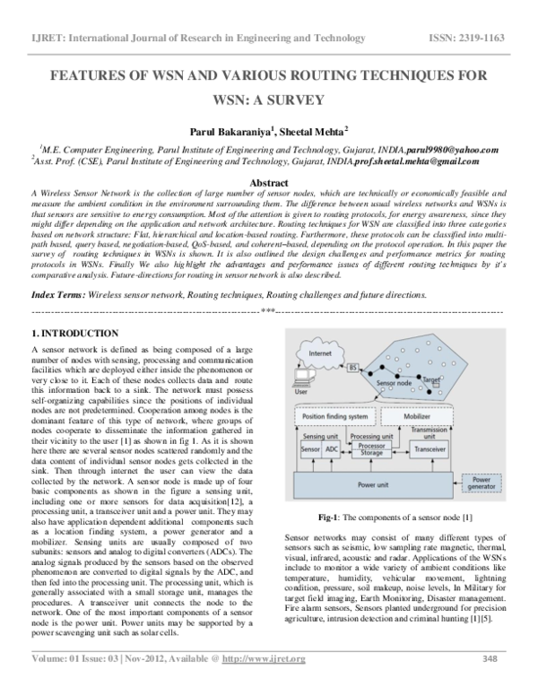 (PDF) FEATURES OF WSN AND VARIOUS ROUTING TECHNIQUES FOR WSN: A SURVEY