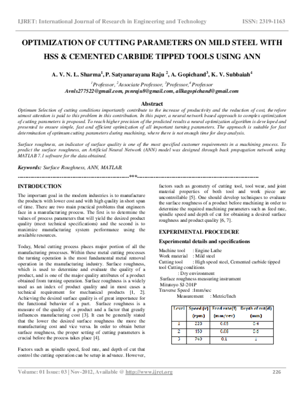 (PDF) OPTIMIZATION OF CUTTING PARAMETERS ON MILD STEEL WITH HSS ...