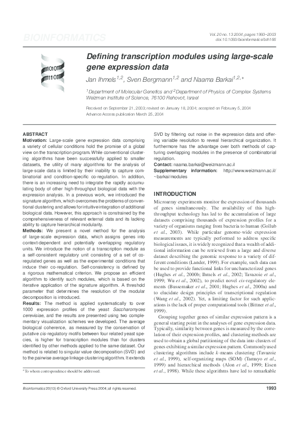(PDF) Defining transcription modules using large-scale gene expression data