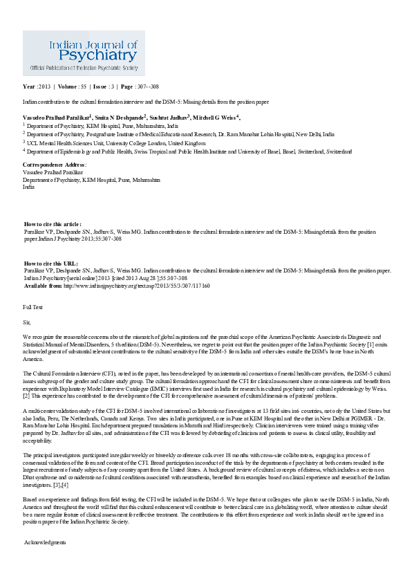 (PDF) Indian contribution to the cultural formulation interview and the ...