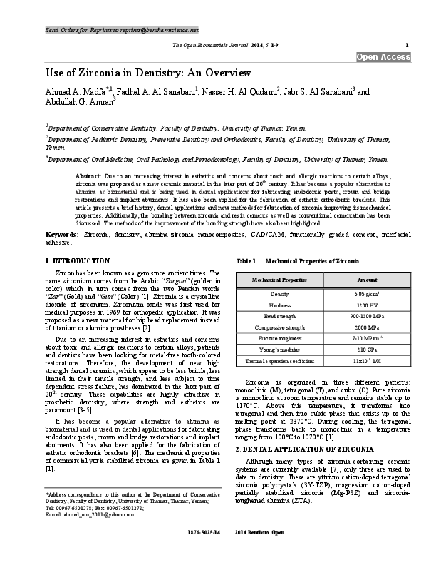 (PDF) Use of Zirconia in Dentistry An Overview. Ahmed A. Madfa