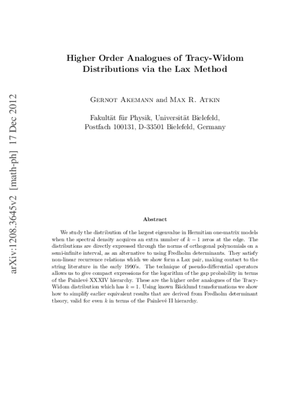 (PDF) Higher Order Analogues of Tracy-Widom Distributions via the Lax ...
