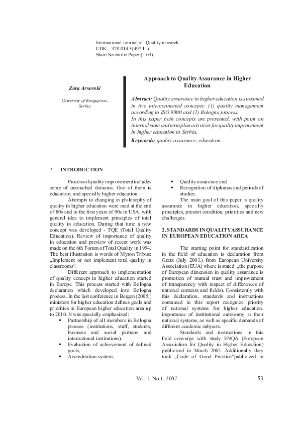 (PDF) Approach to Quality Assurance in Higher Education
