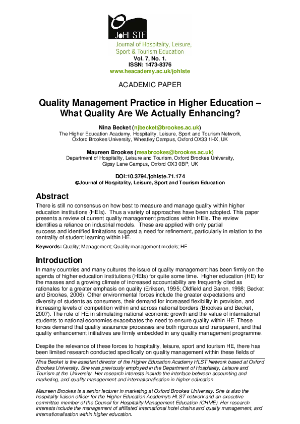 (PDF) Nina Quality Management Practice in Higher Education – What ...