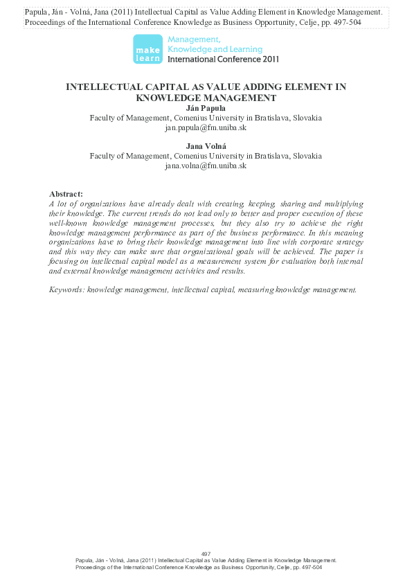 (PDF) Intellectual Capital as Value Adding Element in Knowledge Management