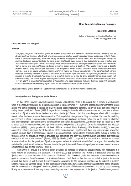 (PDF) Letseka on Ubuntu as Justice and Fairness