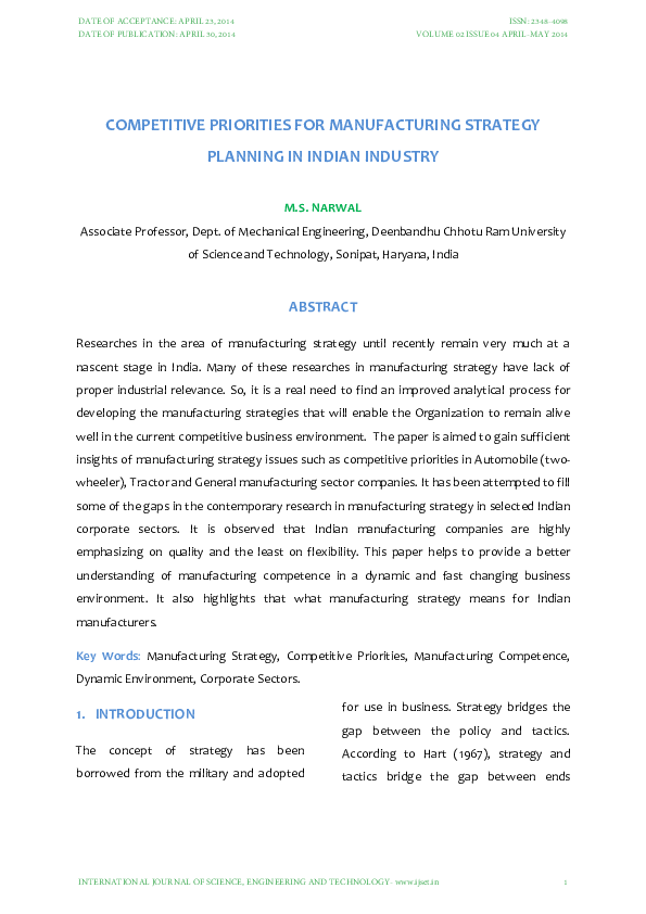 (PDF) COMPETITIVE PRIORITIES FOR MANUFACTURING STRATEGY PLANNING IN ...