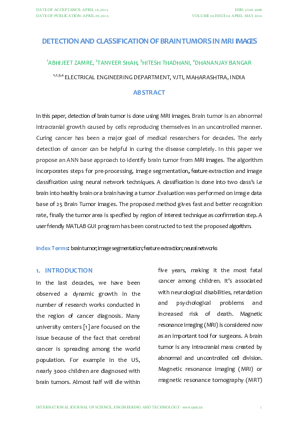(PDF) DETECTION AND CLASSIFICATION OF BRAIN TUMORS IN MRI IMAGES
