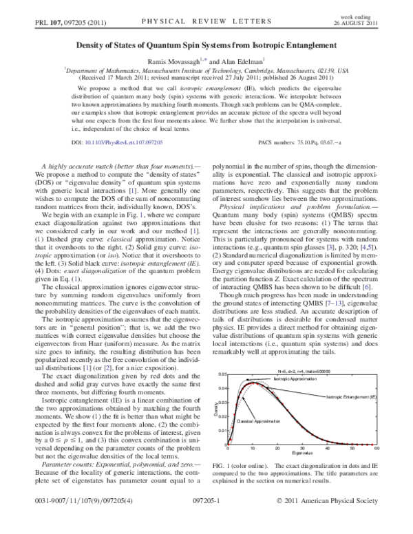 (PDF) Density of States of Quantum Spin Systems from Isotropic Entanglement