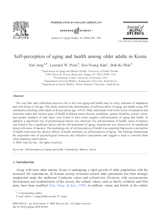 (PDF) Self-perception of aging and health among older adults in Korea