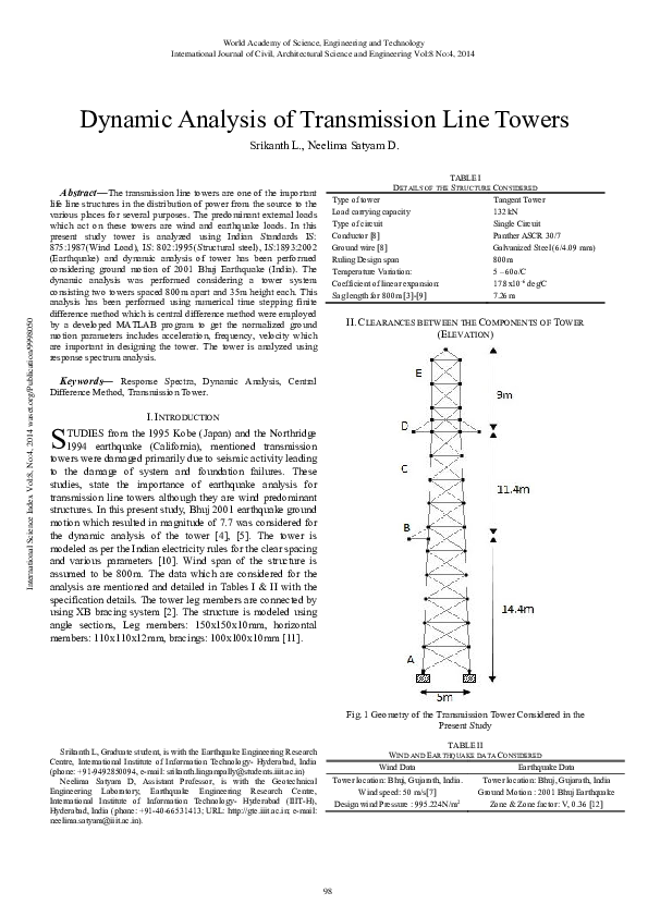 (PDF) Dynamic Analysis of Transmission Line Towers