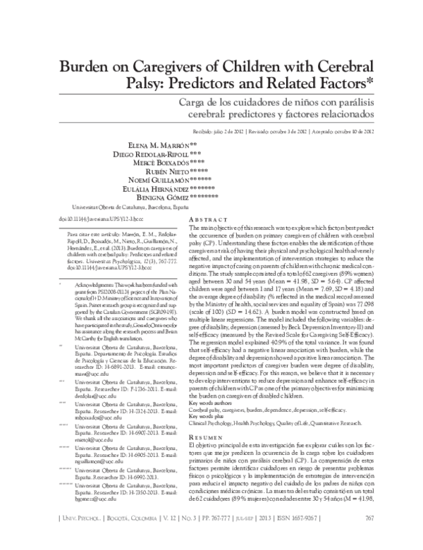 (PDF) Burden on Caregivers of Children with Cerebral Palsy: Predictors ...