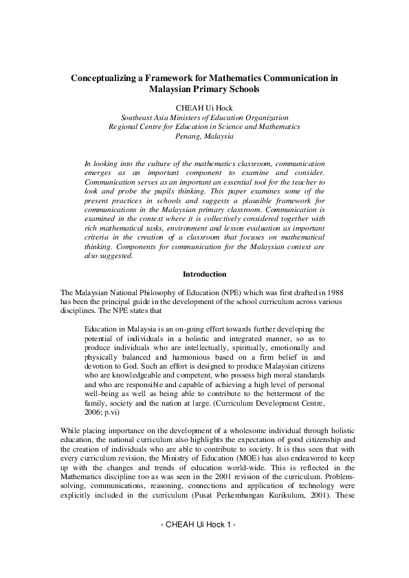 (PDF) Conceptualizing a Framework for Mathematics Communication in ...