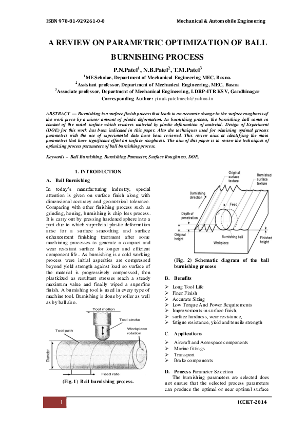 (PDF) A REVIEW ON PARAMETRIC OPTIMIZATION OF BALL BURNISHING PROCESS