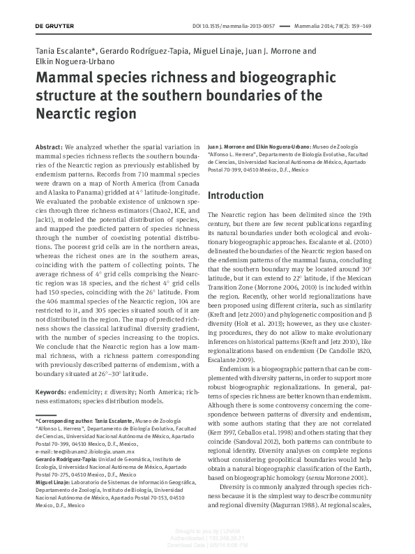 (PDF) Mammal species richness and biogeographic structure at the ...