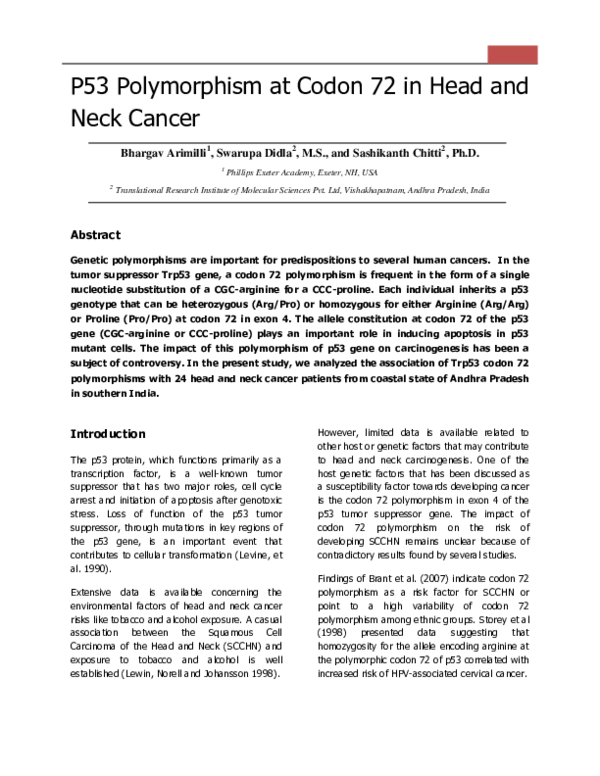 (DOC) P53 Polymorphisms in Head and Neck Cancers