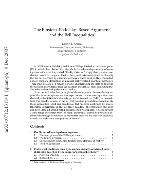 (PDF) The Einstein-Podolsky-Rosen Argument and the Bell Inequalities