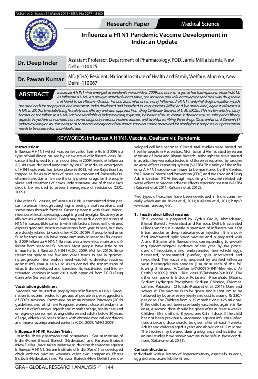 (PDF) Influenza A H1N1 Pandemic Vaccine Development in India: An update