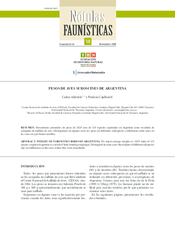 (PDF) Pesos de aves Suboscines de Argentina