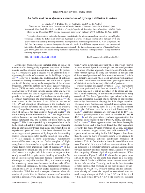 (PDF) Ab initio molecular dynamics simulation of hydrogen diffusion in ...