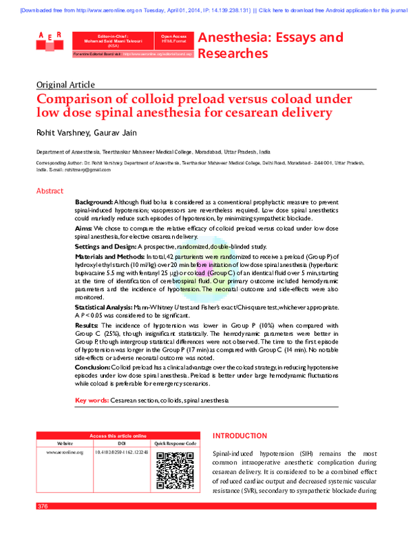 (PDF) Comparison of colloid preload versus coload under low dose spinal anesthesia for cesarean