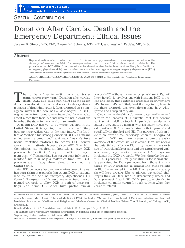 (PDF) Donation after cardiac death and the emergency department